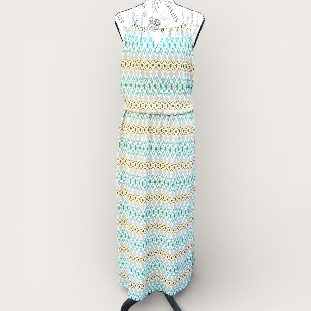 Tacera XL Teal Ikat Geometric Dress Sleeveless Lined Knee Length Boho Resortwear